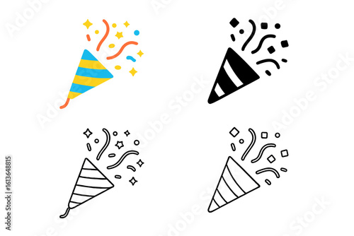 Party popper icon set. Exploding popper with confetti vector collection. Flat, solid glyph, and line art styles. New Year, birthday celebration or success symbol.