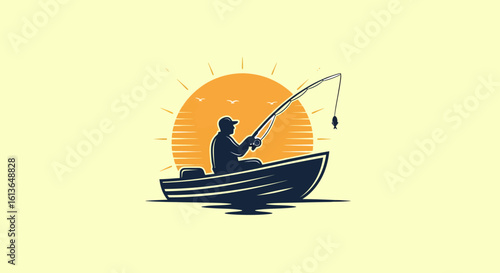 Silhouette of a fisherman in a boat catching a fish at sunset.