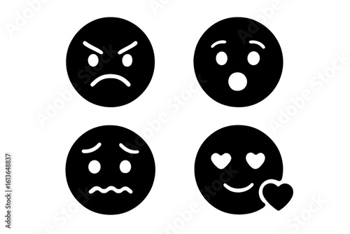 Emoticon glyph icon set. Solid black emoji collection showing various expressions. Angry, surprised, anxious and love faces. Simple flat vector illustration for user interface.