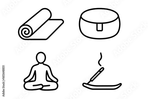 Simple line icon set for yoga and meditation. Vector symbols for spiritual retreat, wellness, and mindfulness. Includes yoga mat, cushion, lotus pose, and incense stick.