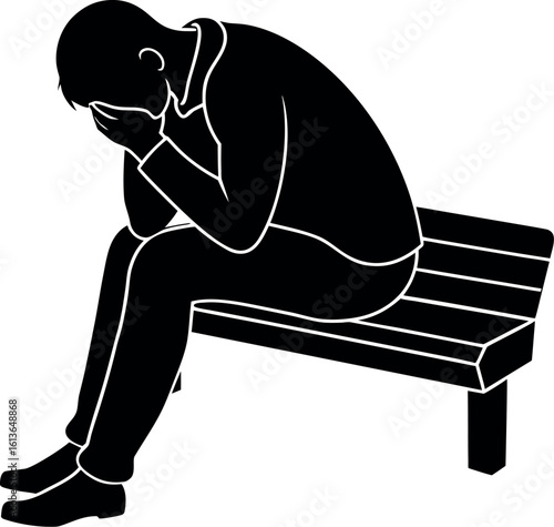 Vector art of a sad man is sitting on a bench, feeling depressed and alone