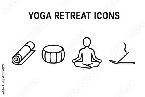 Yoga retreat line icon set. Meditation, spiritual wellness symbols. Vector linear icons of yoga mat, cushion, lotus pose, incense stick for mindfulness and zen concepts.