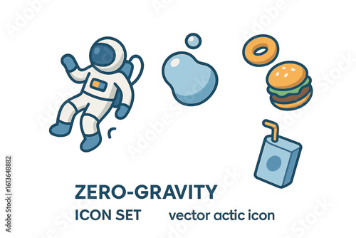 Zero gravity icon set with floating astronaut, space food, and liquid bubble. Flat vector illustration of weightlessness, including cosmonaut, burger, and drink for science.
