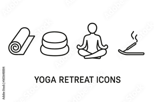 Yoga and meditation line icon set. Elements for spiritual retreat, wellness. Vector symbols of yoga mat, zafu cushion, lotus asana pose, and aromatherapy incense stick.