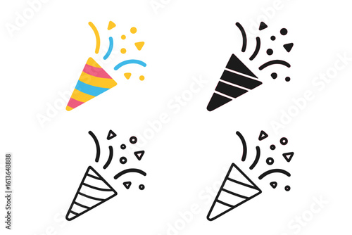 Party popper icon set. Exploding festive firecracker with confetti. Flat, solid glyph, and line art styles. New Year, birthday, and holiday celebration element.