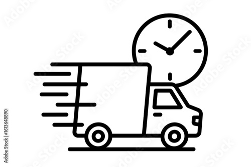Fast delivery truck icon with clock. Express shipping, online order service. Logistics and transportation concept. Quick cargo van for on time delivery. Fast move symbol for web.