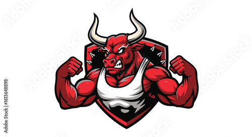 A muscular red bull mascot flexing its biceps, wearing a tank top, and framed by a shield.