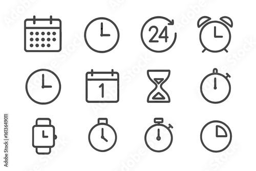 Time and clock thin line icon set. Vector symbols of time management, 24-hour service, deadline alarm, calendar schedule, timer, stopwatch, hourglass, and smartwatch for UI.