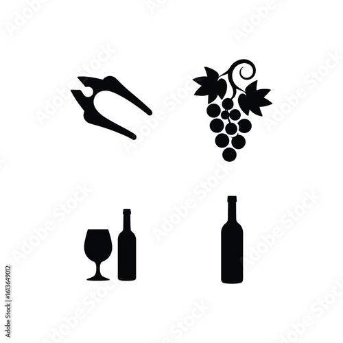 Set of four minimalist wine-related icons. Grapes, secateurs, bottle, and glass silhouettes for beverage industry concepts.