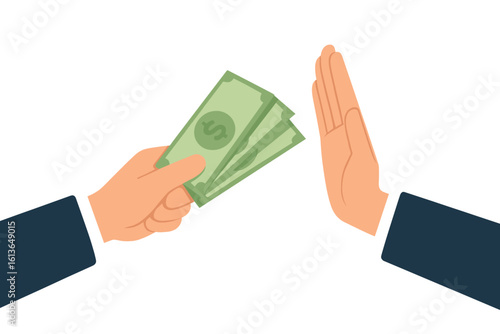 Businessman refusing a bribe. Stop corruption concept. Hand gesture rejecting an illegal money offer. Anti-bribery, financial crime, and business ethics vector.