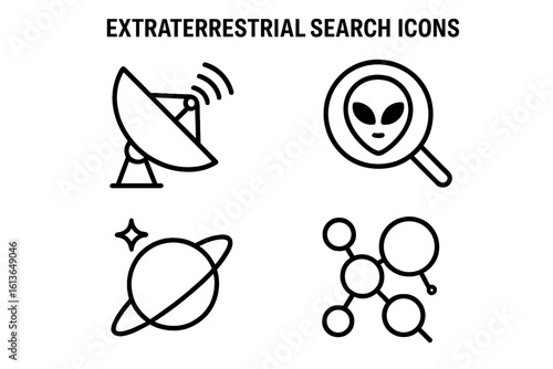 Extraterrestrial search icon set. Outline icons for alien life search concept. Includes radio telescope signal, biosignature molecule, planet and alien head vector illustration.
