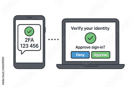 Two factor authentication 2FA vector. Multi-factor authentication on smartphone and laptop. Verify identity with duo verification. Secure password and login concept for cybersecurity.