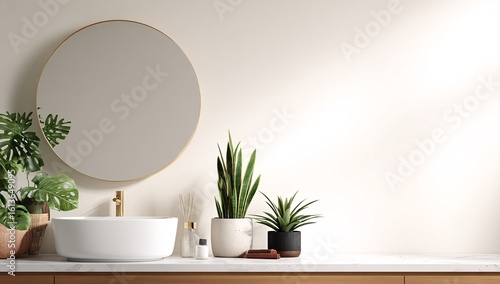 Stylish interior of modern bathroom with sink, mirror and chest of drawers