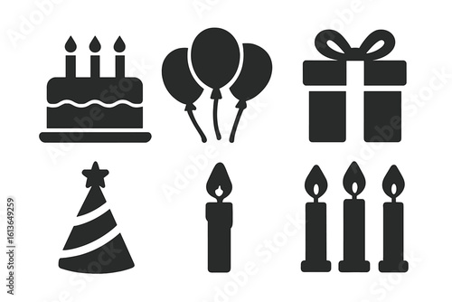 Birthday party icon set. Simple black glyph collection for celebration design. Vector silhouette of cake, balloons, gift box, party hat, and candles. Isolated flat graphic.