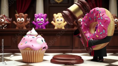 Cartoon Courtroom Drama: A Cupcake's Sentencing by a Donut Judge, featuring a humorous animation