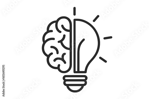 Symbol of creativity. Half light bulb and half brain. Concept of innovation, solution, education, inspiration. Idea generation, brainstorming, smart thinking. Vector icon.