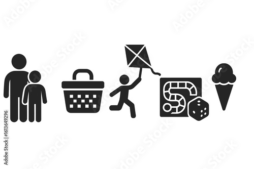 Family fun solid icons collection. Parent and child, picnic basket, kite flying, board game, ice cream. Weekend leisure activities, childhood recreation vector pictograms set.