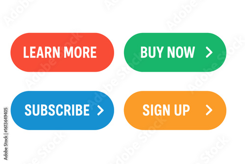 Set of modern flat style call to action buttons. Colorful vector web elements for UI and UX design. Buy now, subscribe, sign up, learn more collection for website.