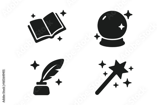 Magic and fantasy glyph icon set. Wizardry symbols collection with spellbook, crystal ball, magic wand, and quill. Vector illustration for mystical fairytale or RPG game.
