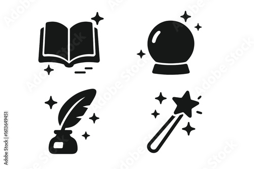 Magic and fantasy solid glyph icon set. Witchcraft and wizardry symbols. Collection with spellbook, crystal ball, magic wand, and feather quill for RPG and fairytale design.