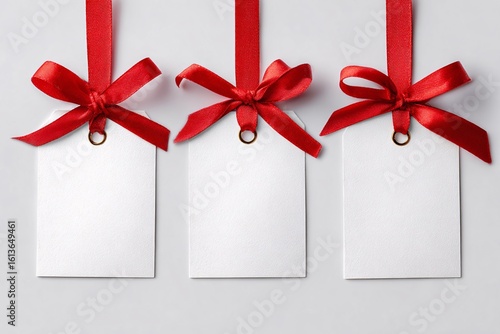 Three blank white gift tags, each with a red ribbon bow, hanging on gray background