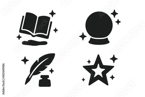 Fantasy icon set with magic items. Solid glyph collection includes spellbook, crystal ball, quill pen, and star. Symbols for wizardry, witchcraft, RPG games, and fairytales.