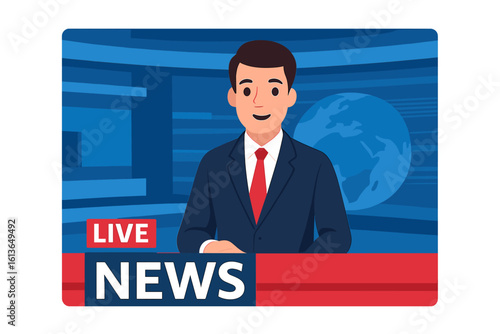 Live news broadcast with anchor man in TV studio. Television presenter reporting. Media and journalism concept. Male reporter on air at desk. World news. Vector illustration.