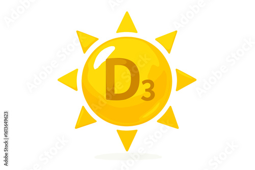 Vitamin D3 icon with sun. Yellow shining capsule for beauty, nutrition, skin care, and pharmacy diet. Sunshine vitamin supplement for health and immunity. Vector art.
