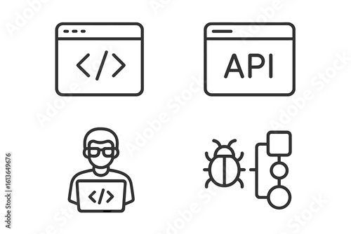 Web development icon set in thin line style. Programmer coding on laptop, API interface, code editor, and bug fixing workflow. Vector icons for web and mobile app design.