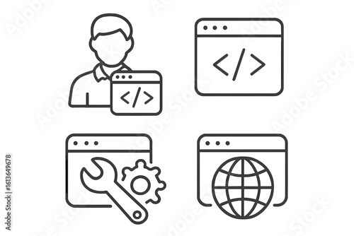 Web development line icons set. Programmer, coding, software engineering symbols. Website and mobile app user interface elements. Browser, settings, internet vector signs.