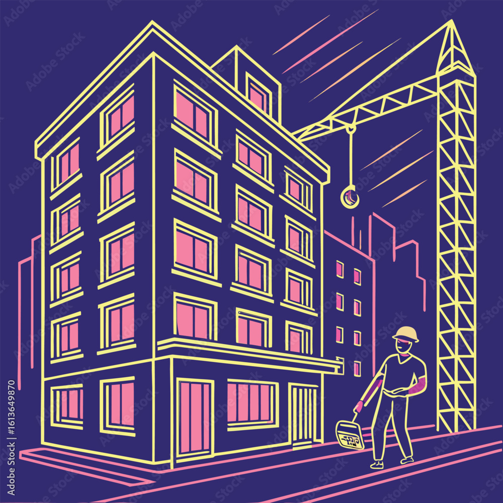 Fototapeta premium Real estate property assembling apartment in neon line 