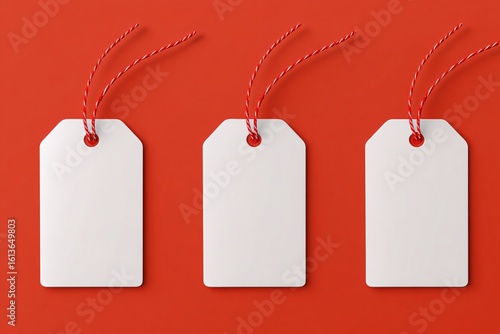 Three blank white gift tags, each with a red ribbon bow, hanging on gray background