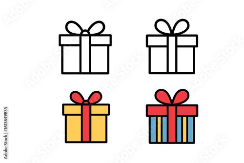 Set of gift boxes vector icon. Present box collection. Black line and color fill illustration. Surprise in the box. Birthday, christmas, holiday celebration graphic element.