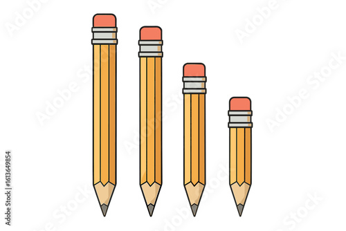 Pencils of different lengths isolated vector illustration. Set of yellow wooden graphite pencils with rubber eraser. Stationery for school, office, education, writing, drawing.