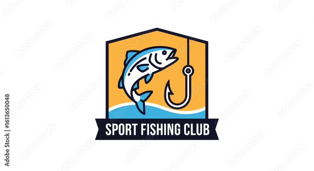 Stylized leaping fish and hook emblem for a sport fishing club. Stylized leaping fish and hook emblem for a sport fishing club.
