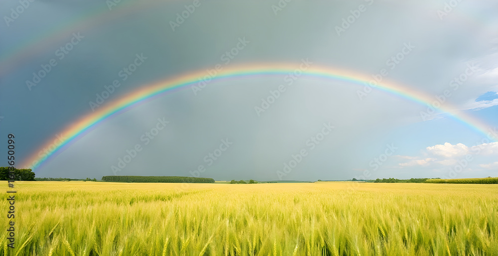 Naklejka premium Rainbow over wheat field, nature landscape.