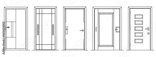 Vector art of a collection of five different door designs isolated on white background, showcasing various styles and architectural details