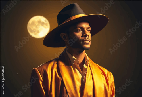 Homem de chapéu preto e roupa dourada sobre a lua cheia.