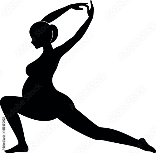 Vector art of a silhouette of a pregnant woman doing a yoga pose, stretching her body and maintaining balance isolated on white background