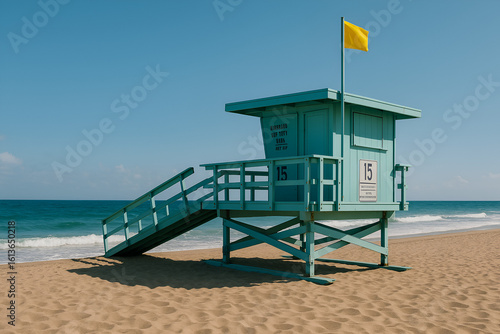 Lifeguard Tower on a Quiet Sandy Beach with Blue Sky