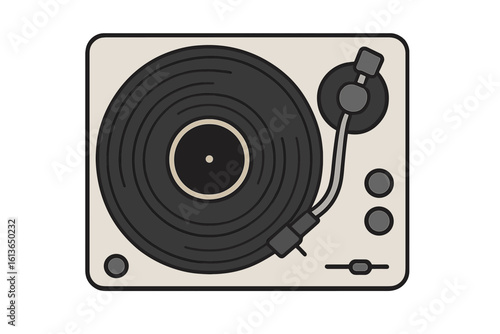 Vinyl record player top view flat icon. Retro turntable for playing music. Vintage audio equipment with gramophone record. DJ gear vector illustration isolated on white.