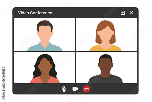 Video conference call screen interface. People on video chat for online meeting, webinar or remote work. Group team communication concept with user avatars. Vector mockup.