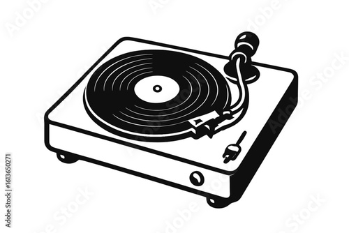 Vinyl record player vector illustration. Retro music turntable icon. Vintage gramophone audio equipment symbol for dj party. Black and white isolated graphic element design.