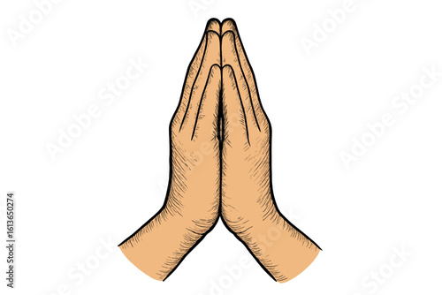 Praying hands vector illustration. Folded hands in prayer, concept for faith, spirituality, and religion. Christian worship, Catholic blessing, Namaste or Mudra gesture.