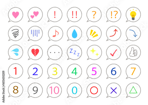 手書き風カラフルな吹き出しアイコンと記号のセット素材｜吹き出し,電球,Zzz,感嘆符,いいね