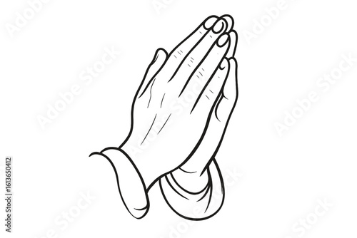 Praying hands vector line illustration. Human hands folded in prayer. Christian religion concept of faith, hope, love. God, worship, bless. Mudra namaste gesture.