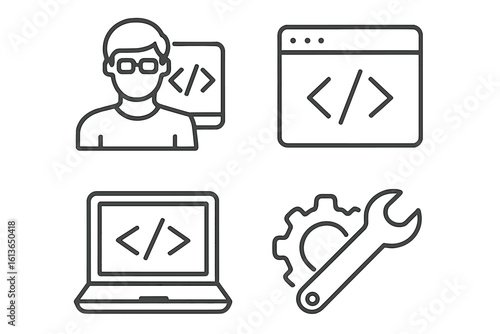 Web development line icon set. Programmer, coding and software engineering vector symbols. Website, mobile app UI developer icons. Code, laptop, tools pictogram.