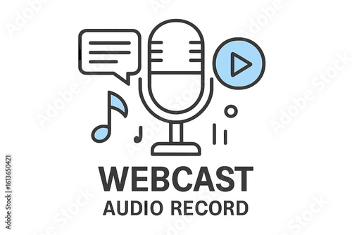 Webcast audio record concept. Podcast streaming icon. Radio broadcast, interview, or show logo. Voice recording with microphone. Music and talk symbol. Flat vector illustration.