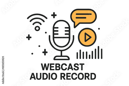 Webcast audio record concept. Podcast microphone icon. Live stream, online show, broadcasting. Radio station, interview, talk show. Sound recording, voice over. Media logo.