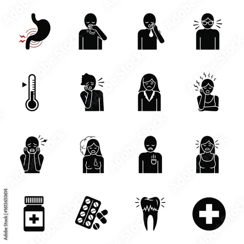 Medical symptoms and treatment icons stomach pain coughing